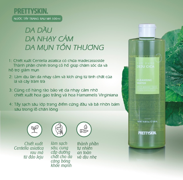Nước tẩy trang Prettyskin The Pure Jeju cica Cleansing Water 500ml